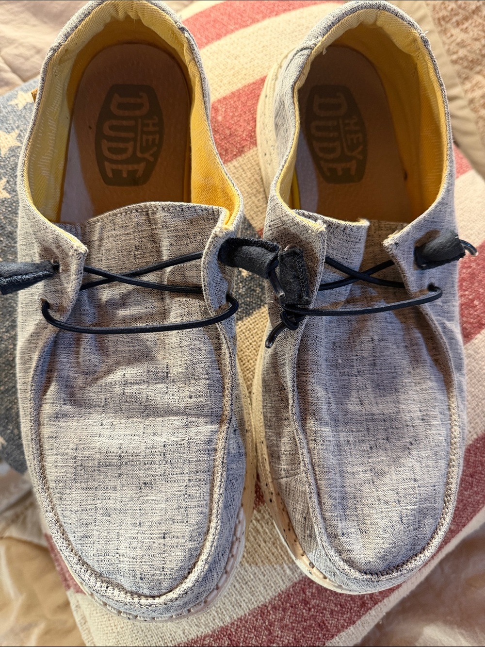 Sz 11 Hey Dude Wendy Slip-On Loafers in  with Black Laces and Yellow Lining.